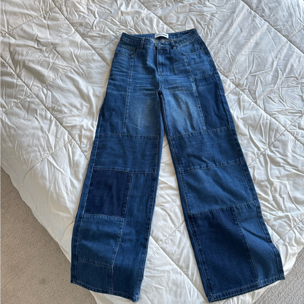 Patchwork Denim Wide-Leg Jeans